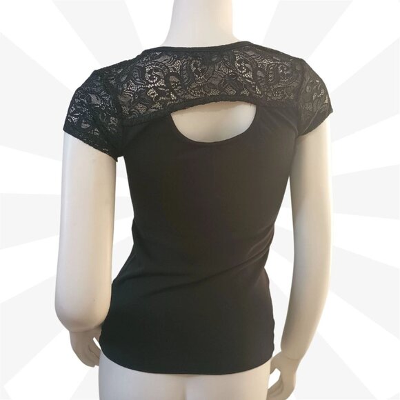 Ambiance Black Lace Cap Sleeves V Neck Cut Out Back Pullover Knit Top Size S - Picture 3 of 8